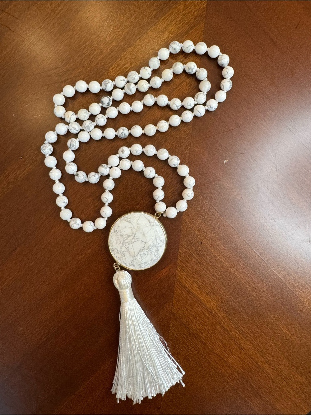 White Howlite Bead Tassel Necklace - Elegant Women's Jewelry
